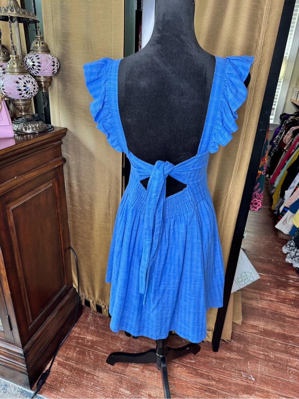 Glam Blue Ruffle Sleeve Tie Back Dress Size Medium Cotton Rayon Fit & Flare - Picture 4 of 7
